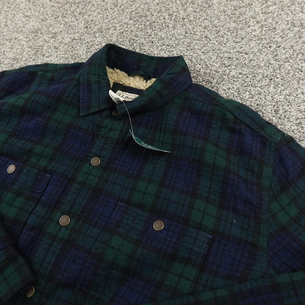 NEW L.L.Bean Jacket Mens M Green Sherpa Lined Scotch Plaid Flannel Shirt Shacket
